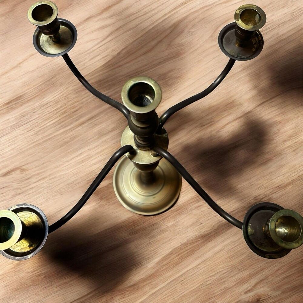 Vintage 14" Heavy Solid Brass 5-Light Candelabra 4 Rotating Swivel Arm Colonial - Picture 6 of 15